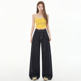 Women's Denim Blue Belted Knife-Edge Jeans High-Waisted Loose Concealing Drape Wide-Leg Pants