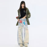 Graffiti Heart Bear Chain Curved Knife Pants High Street Loose Wide Leg Jeans for Women
