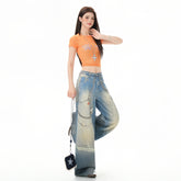 Chain Print Denim Pants Women's Casual Hip-hop Style Loose Wide Leg Tapered Fit Pants