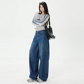 Women's Large Pocket Oversized Knife-Edge Jeans, Loose Baggy Patchwork Wide Leg Floor-Length Pants