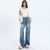 Women's Low Waist Flared Jeans with Cracked Design Long Pants