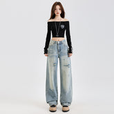 Denim Pants Spring New Washed Distressed Floor-Length Wide Straight Leg Pants for Women