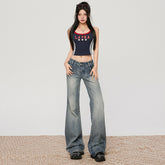 Women's Denim Blue Jeans Low Waist Slim Fit Versatile Straight Leg Wide Leg Floor Length Pants
