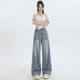 Women's Washed High-Waist Wide-Leg Jeans Summer Loose Slimming Drape Trousers
