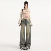 Distressed Stripe Denim Pants Women's Fashion Straight Leg Wide Leg Trousers