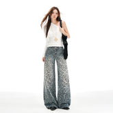 Women's Pants Leopard Print Design Wide Leg Jeans Clean Fit Loose Casual Straight Leg Trousers