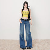 Women's Bamboo Water Washed Straight Leg Jeans Low Waist Slim Wide Leg Pants