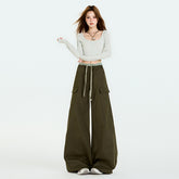 Women's Military Green Ruffle Work Pants Autumn Wide Leg Floor-Length Casual Trousers
