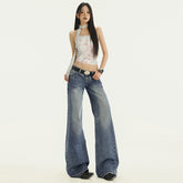 Women's Low-Waist Flared Jeans, Cracked Drape Straight Floor-Length Pants