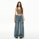 Women's Multi-Pocket Workwear Denim Pants Loose Wide-Leg Pants