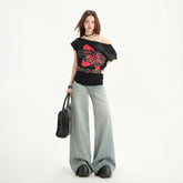 Light Blue Washed Wide-Leg Floor-Length Pants High Street Loose Versatile Straight Leg