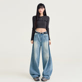 Women's Washed Wide Leg Jeans with Saber Splicing Straight Floor-Length Pants