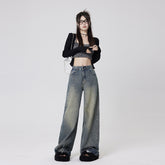 Women's Mid-Waist Loose Washed Wide-Leg Jeans with Floor-Length Pants
