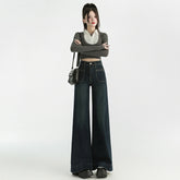 Wide-Leg Denim Pants for Women Low Waist Loose Flared Floor-Length Trousers