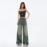 Blue Wide Leg Jeans Deconstructed Design Straight Leg Denim Pants for Women
