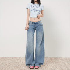 Women's Low-Waist Elastic Pattern Straight Jeans Summer Light Color Floor-Length Wide-Leg Pants