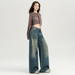 Women's  Heavy Wash Denim Pants Loose Wide Leg Trousers Retro Lazy Loose Fit