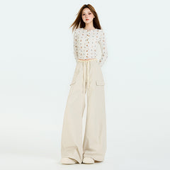 Women's Military Green Ruffle Work Pants Autumn Wide Leg Floor-Length Casual Trousers