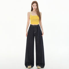 Women's Denim Blue Belted Knife-Edge Jeans High-Waisted Loose Concealing Drape Wide-Leg Pants