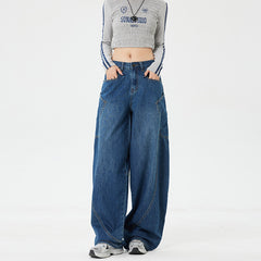 Women's Large Pocket Oversized Knife-Edge Jeans, Loose Baggy Patchwork Wide Leg Floor-Length Pants