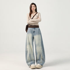 Women's Vibe Pleated Spliced Denim Pants High Waist Versatile Loose Scythe Pants