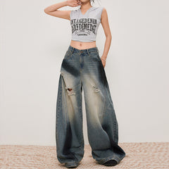 Women's Distressed Slash Denim Pants Spray Painted Vintage Loose Wide Leg Trousers