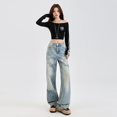 Denim Pants Spring New Washed Distressed Floor-Length Wide Straight Leg Pants for Women