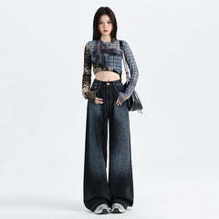 Light Blue Gradient Wide-Leg Jeans Autumn Washed Design Loose Drape Straight Trousers