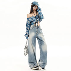 Light Blue Gradient Wide-Leg Jeans Autumn Washed Design Loose Drape Straight Trousers