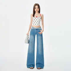 Women's Blue Low-Waist Jeans Summer Loose Slimming Drape Bell-Bottom Pants