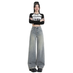 Wide Leg Jeans for Women High Waist Loose Slimming Frayed Hem Floor-Length Pants