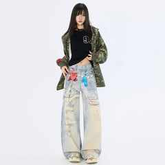 Graffiti Heart Bear Chain Curved Knife Pants High Street Loose Wide Leg Jeans for Women