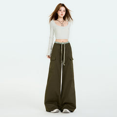 Women's Military Green Ruffle Work Pants Autumn Wide Leg Floor-Length Casual Trousers