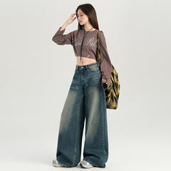 Women's  Heavy Wash Denim Pants Loose Wide Leg Trousers Retro Lazy Loose Fit