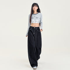 Women's Washed Wide Leg Jeans with Saber Splicing Straight Floor-Length Pants