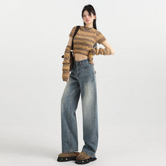 Women's  Wide-Leg Jeans High-Waist Loose Drape Hip-Covering Straight Leg Pants