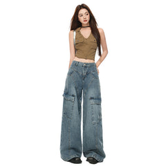Women's  Multi-Pocket Workwear Denim Pants Loose Wide-Leg Pants