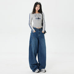 Women's Large Pocket Oversized Knife-Edge Jeans, Loose Baggy Patchwork Wide Leg Floor-Length Pants