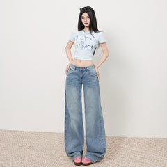 Women's Low-Waist Elastic Pattern Straight Jeans Summer Light Color Floor-Length Wide-Leg Pants
