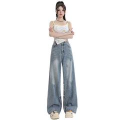 Women's Washed High-Waist Wide-Leg Jeans Summer Loose Slimming Drape Trousers