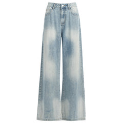 Light Blue Gradient Wide-Leg Jeans Autumn Washed Design Loose Drape Straight Trousers