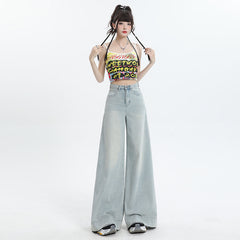 Wide-Leg Denim Pants for Women High-Waisted Loose Straight Leg Trousers Ankle-Length Pants