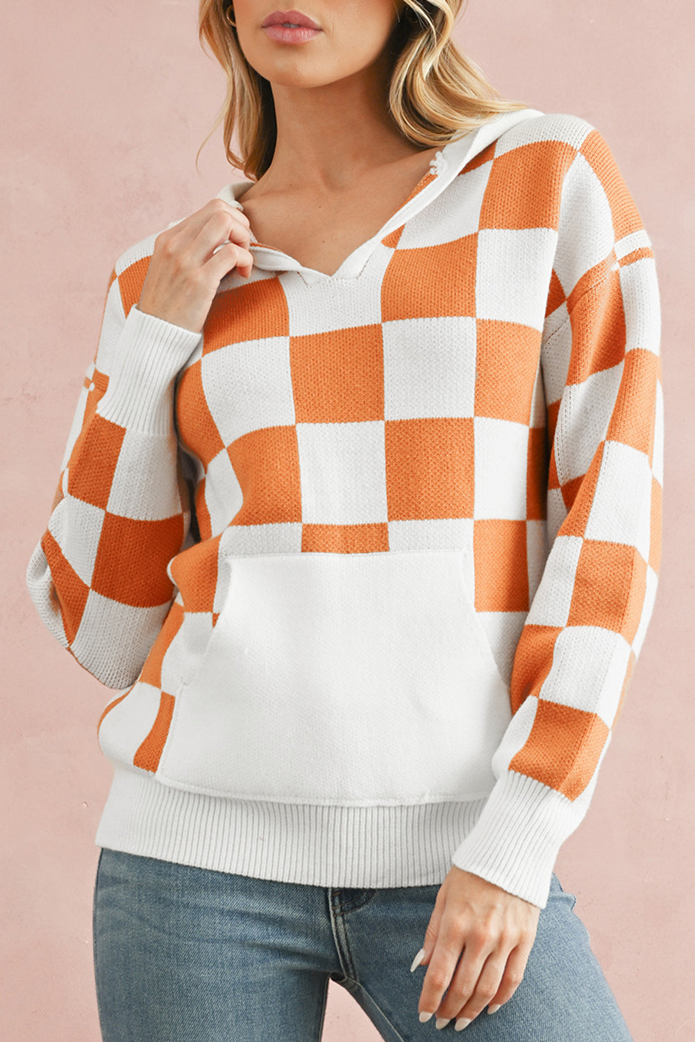 Gold Flame Checkered Split Neck Kangaroo Pocket Hooded Sweater