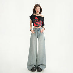 Light Blue Washed Wide-Leg Floor-Length Pants High Street Loose Versatile Straight Leg