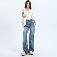 Women's Low Waist Flared Jeans with Cracked Design Long Pants