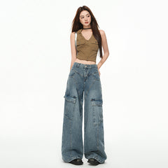 Women's  Multi-Pocket Workwear Denim Pants Loose Wide-Leg Pants