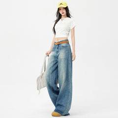Women's Blue Wide-Leg Scissors Denim Pants Loose Drape Floor-Length Trousers