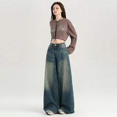 Women's  Heavy Wash Denim Pants Loose Wide Leg Trousers Retro Lazy Loose Fit