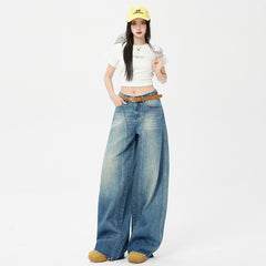 Women's Blue Wide-Leg Scissors Denim Pants Loose Drape Floor-Length Trousers