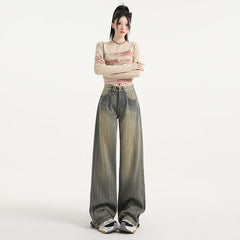 Distressed Stripe Denim Pants Women's Fashion Straight Leg Wide Leg Trousers